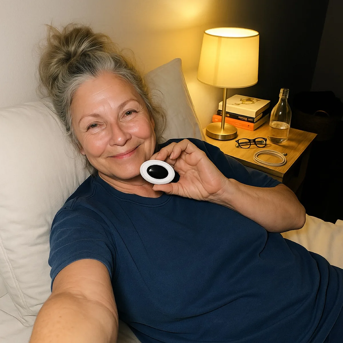 Patricia W. with her Quietra Pro at bedtime